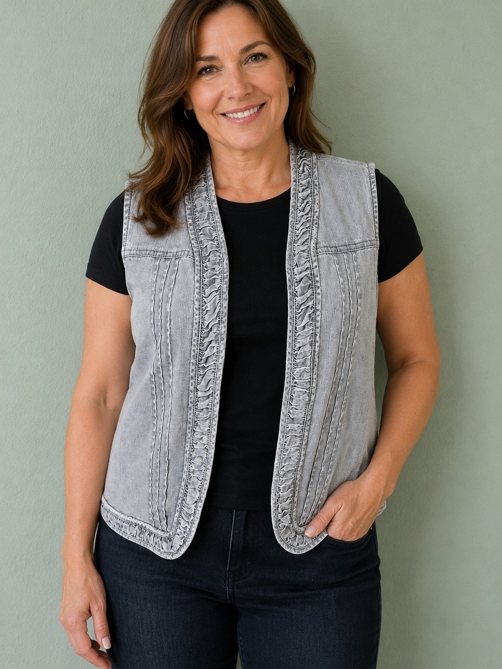 Chico’s Additions Vintage Stonewashed Gray Denim Vest Size 2 Ruffle 80s Style